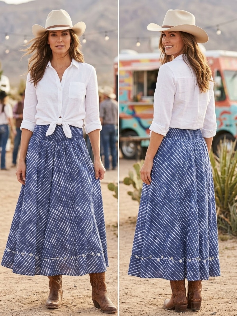 Soft Surroundings Blue Shibori Tie-Dye Smocked Waist BOHO Maxi Skirt  SZ M